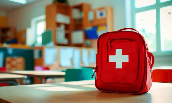 Red emergency backpack on a classroom table, symbolizing readiness and safety