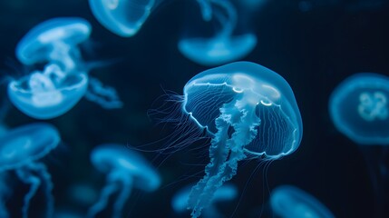 Fototapeta premium An abstract view of floating jellyfish in deep water lit from below AI generated illustration