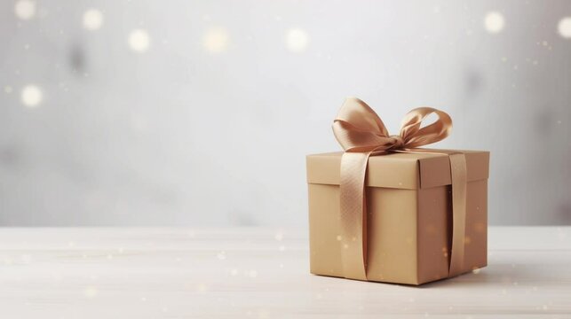 This charming gift box sits elegantly on a smooth surface, surrounded by gentle bokeh lights. It's an ideal setting for holiday celebrations or special gatherings, copy space
