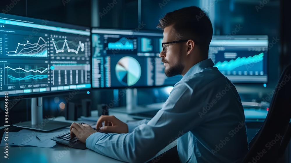Aufkleber an analyst deeply involved in the manipulation of a data management system with kpi metrics ai gener