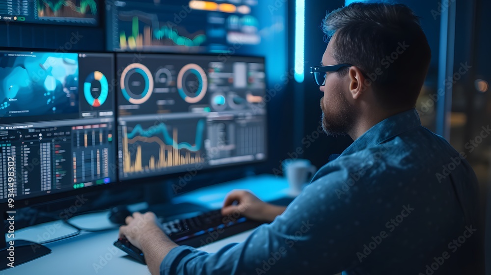 Poster an analyst in the midst of processing and analyzation of data through a computer and dashboard ai ge