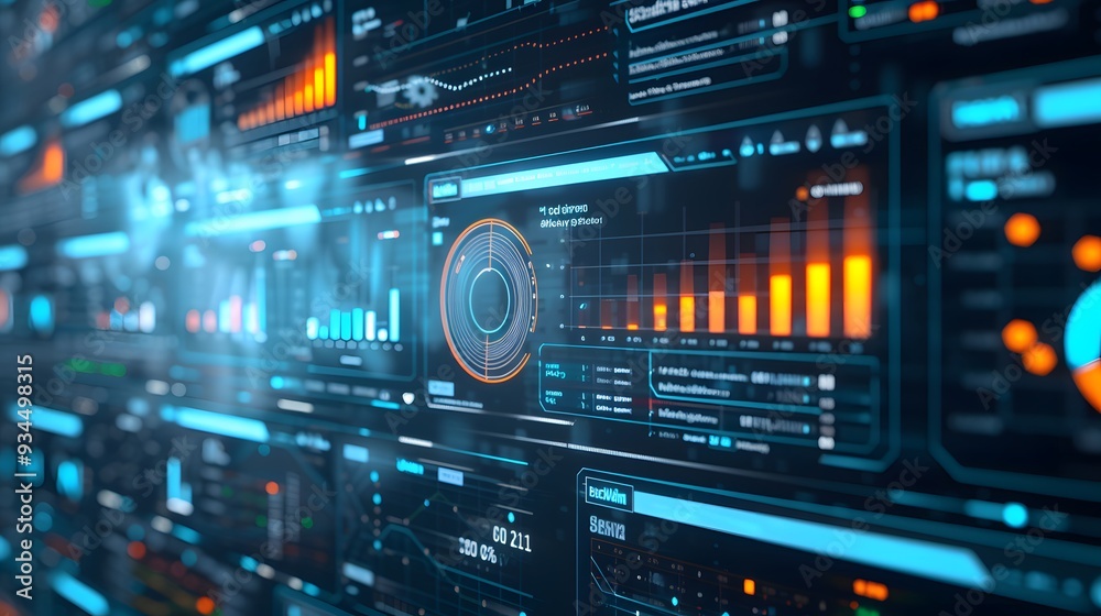 Poster an analysts detailed interface showing kpi metrics connected to a data management system ai generate