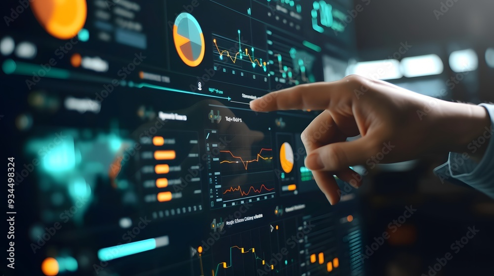 Poster an analysts detailed interface showing kpi metrics connected to a data management system ai generate