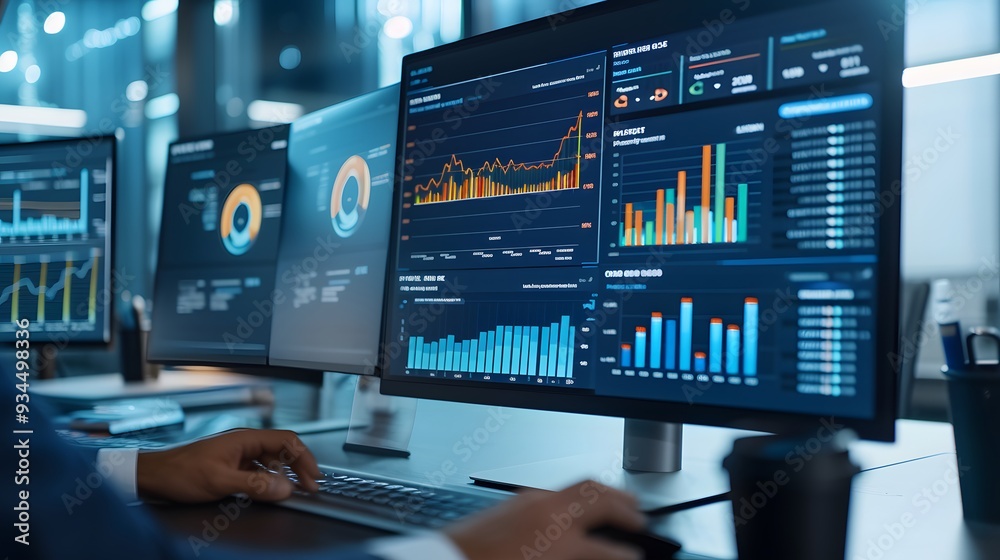 Poster an analysts workstation featuring a computer and a dashboard showcasing data management systems ai g