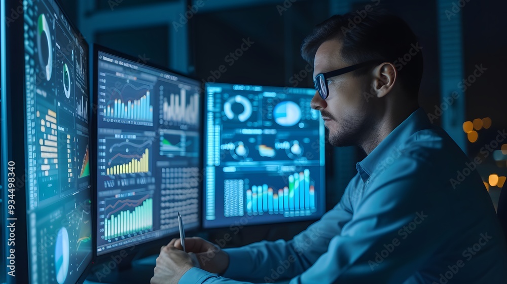Poster an analyst in the midst of processing and analyzation of data through a computer and dashboard ai ge