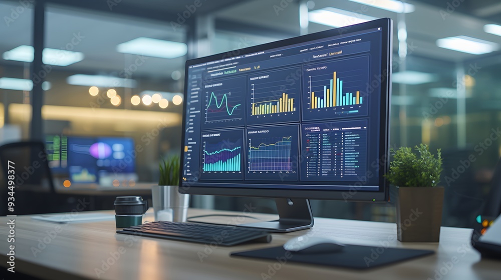 Poster an analysts workstation featuring a computer and a dashboard showcasing data management systems ai g