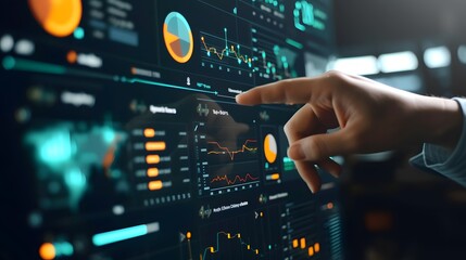 An analysts detailed interface showing KPI metrics connected to a data management system  AI generated illustration