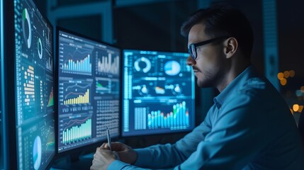 An analyst in the midst of processing and analyzation of data through a computer and dashboard  AI generated illustration