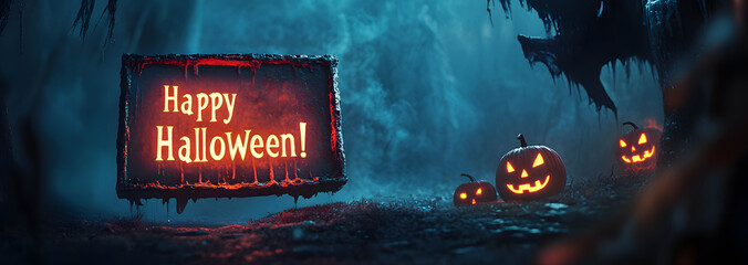 Fototapeta premium Illuminated sign saying Happy Halloween, scary Halloween landscape with carved pumpkins