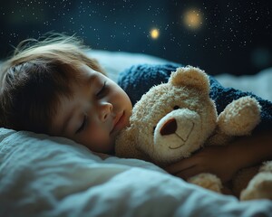 A serene image of a young child peacefully sleeping with a teddy bear under a night sky filled with twinkling stars.