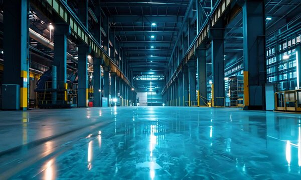 A spacious, empty industrial warehouse with symmetric lighting, modern storage