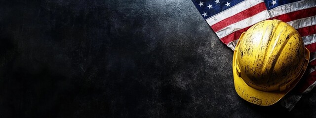 Realistic image of American flag with construction helmet on black background, symbolizing labor day with copy space for text