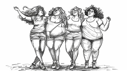 Women with different body types, Diversity, Pencil sketch, Cartoon style, on a pure white background.