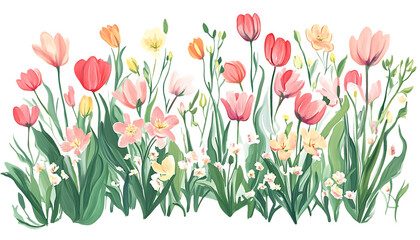 A vibrant spring garden with colorful tulips and delicate daffodils in bloom.