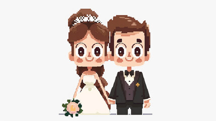 pixel cartoon groom and bride with big eyes on an isolated white background