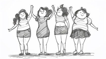Women with different body types, Diversity, Unity, Pencil sketch, Cartoon style, on a pure white background. 