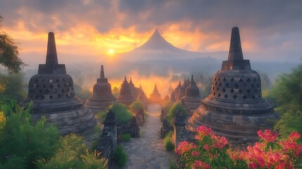 Fototapeta premium Majestic sunrise over ancient temple with volcanic mountain in the background.