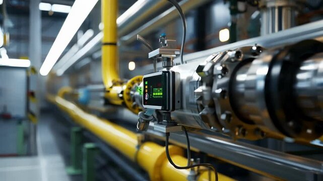 Complex network of pipes with a digital control panel monitoring and regulating the flow of liquids or gases in an industrial setting