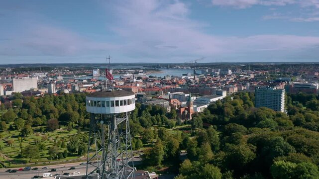 Panoramic summer aerial skyline cityscape of Aalborg (North Jutland, Denmark), with Aalborg Tower (Aalborgt&aring;rnet) in the foreground