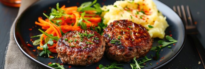 Homemade Minced Meat Cutlet Served with Mashed Potatoes and Carrot Salad