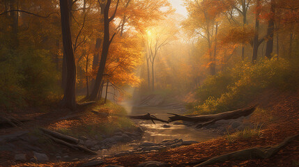 A serene forest landscape at dawn, where the soft morning light touches every leaf and branch, creating a tapestry of colors from gold to green. The trees are tall and majestic, their leaves