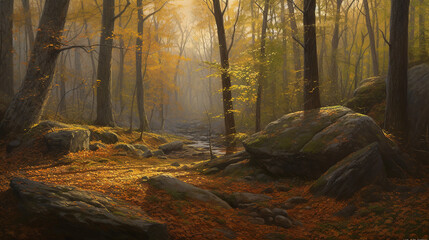 A serene forest landscape at dawn, where the soft morning light touches every leaf and branch, creating a tapestry of colors from gold to green. The trees are tall and majestic, their leaves