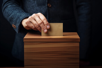 Person drops ballot into ballot box against dark background
