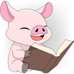 fat pig sitting reading a funny story book, he laughs happily