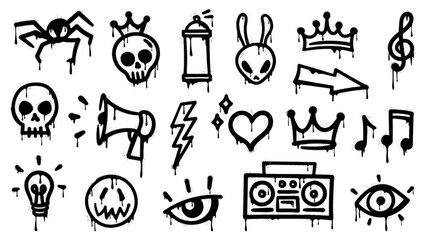 Graffiti spray paint, grunge ink icons. Vector set of black urban and street culture elements. Spider, skull, crown and rabbit head, musical notes, lightning bolt and heart. Eye, megaph, light bulb