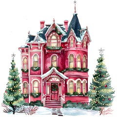 Fototapeta premium Watercolor Christmas Red House Clipart, illustration Victorian house decorations.