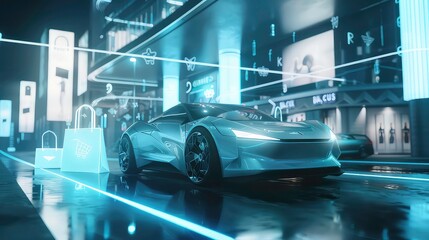 Fototapeta premium Futuristic silver sports car driving on a glowing neon road in a futuristic city with shopping bags in the foreground.