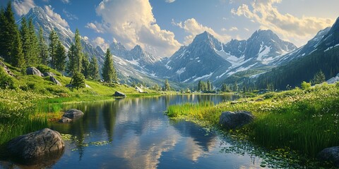 Fototapeta premium High mountain meadows. Majestic mountains and tranquil waters