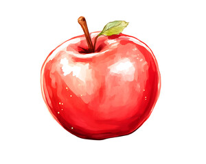 A single, ripe red apple with a green leaf on a black background.