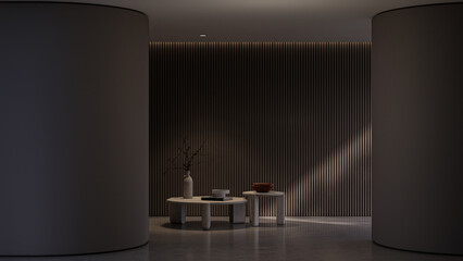 Minimalist room interior with beige colors and natural sunlight, 3d illustration render