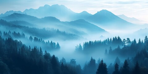 Obraz premium Beautiful blue mountain landscape with fog and forest, Beautiful dark blue mountain landscape with fog and forest, Beautiful dark blue mountain landscape with fog and forest