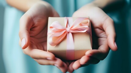 An extreme close-up view of polished hands presenting a small gift wrapped in pastel wrapping paper  AI generated illustration