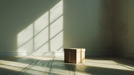 An isolated gift box in a large bare room filled with shadows and light AI generated illustration
