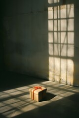 An isolated gift box in a large bare room filled with shadows and light  AI generated illustration