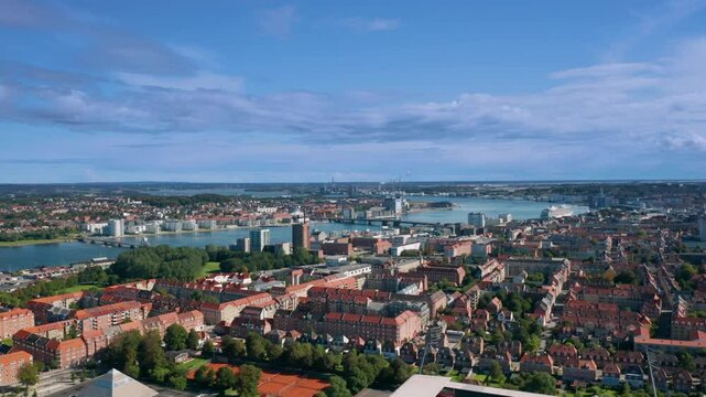 Panoramic summer aerial skyline cityscape of Aalborg, North Jutland, Denmark