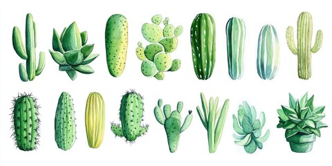 Watercolor illustration collection of hand drawn cactus succulents on a white background
