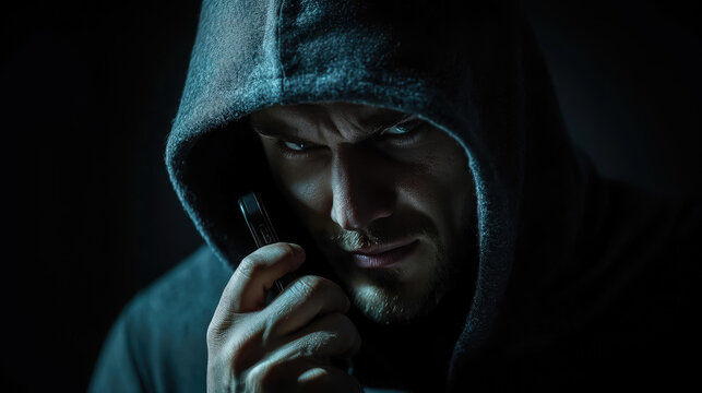 male scammer in hoodie talking on phone on dark background, man, criminal, thief, bandit, killer, fraud, deception, scam, eyes, face, angry, cunning, evil, smirk, portrait, emotion, person, people