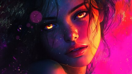Fototapeta premium Watercolor digital illustration of a girl s portrait with a neon light theme