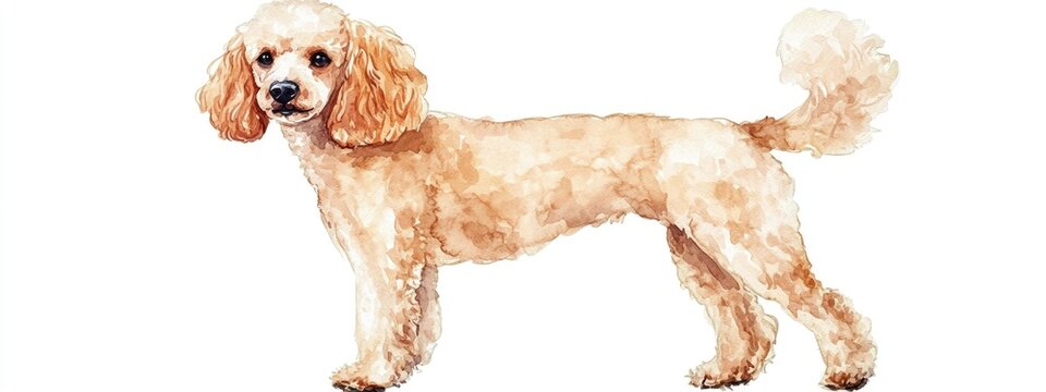 Watercolor illustration of a hand drawn poodle dog Isolated on a white background suitable for use in animal design pet supplies veterinary services and dog grooming