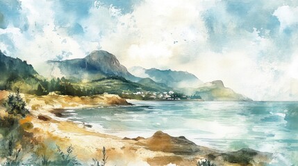 Watercolor illustration of a coastline