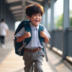 Obraz premium Child, with a backpack on the back goes,AI generative.