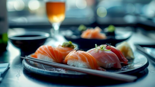 Delicious sushi served on a rustic plate. Vibrant colors and fresh ingredients create an inviting atmosphere. Perfect for food lovers and culinary enthusiasts. AI