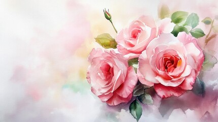 Watercolor greeting card featuring roses suitable for use as an invitation for weddings birthdays and various summer celebrations