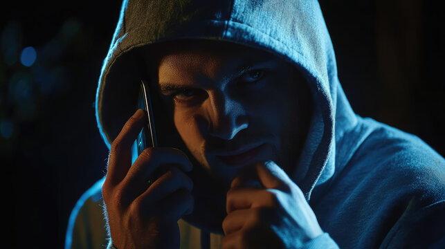 male scammer in hoodie talking on phone on dark background, man, criminal, thief, bandit, killer, fraud, deception, scam, eyes, face, angry, cunning, evil, smirk, portrait, emotion, person, people