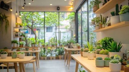 Fototapeta premium A stylish modern cafe with a cozy atmosphere features a variety of cactus and succulents arranged in chic ceramic pots on wooden shelves and tables. The soft lighting casts gentle shadows on the