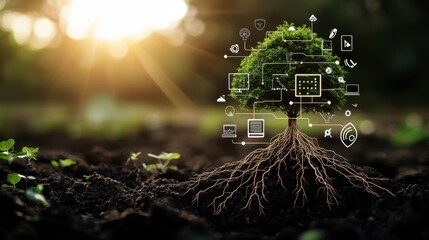 A vibrant green tree with strong roots deeply embedded in the ground, each root connecting to icons of servers, network cables, and security shields, symbolizing the foundation of managed IT services